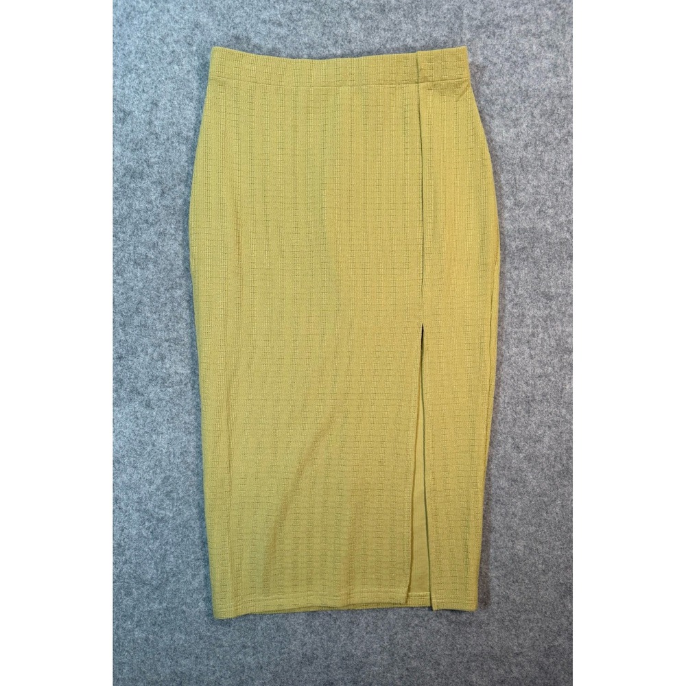 Cefian Vintage Mustard Yellow Waffle Knit Side Slit Midi Pencil Skirt Large